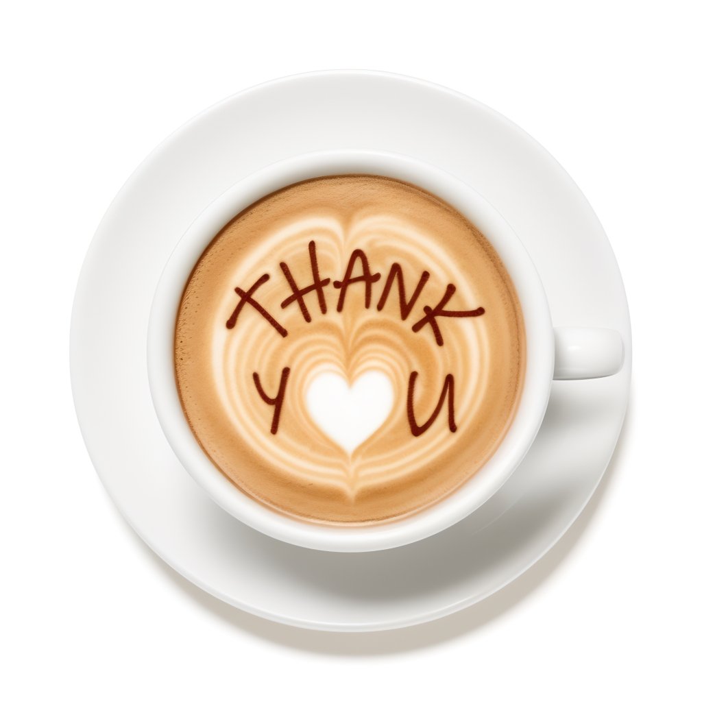 A coffee cup is placed on top of a small saucer. Inside the coffee cup is a latte with the words "THANK YOU" written in cinnamon.