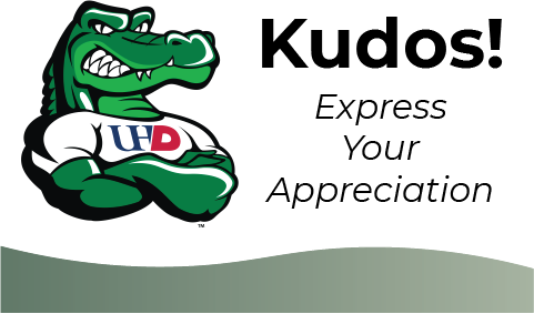 The Ed-U-Gator mascot (a tough-looking yet grinning animated alligator with folded arms wearing a UHD shirt) is featured to the left of a body of text that reads "Kudos! Express Your Appreciation". A gentle wave graphic is at the bottom of the frame.